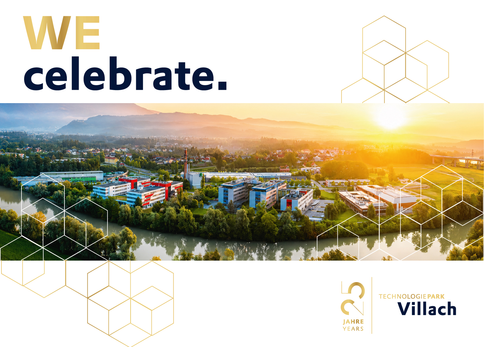 Jubiläumsgrafik Technologiepark Villach mit Schriftzug "We celebrate"