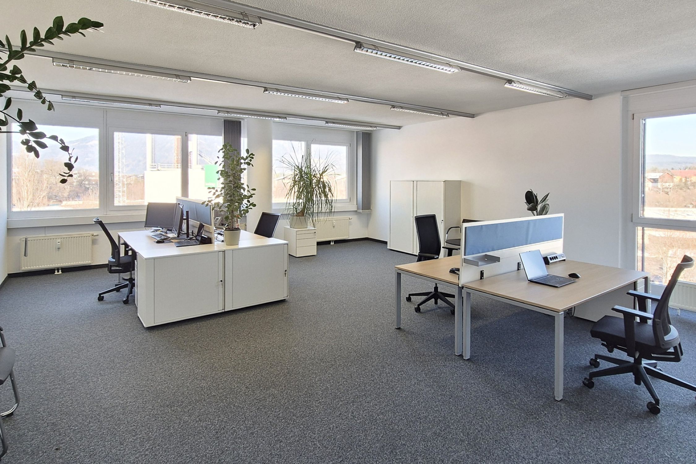 Büroräumlichkeiten mit Schreibtischen und Standcomputern
